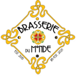This is the logo representing the Brasserie Capitale brand. Picture vintage, art deco inspired signage, the gold-yellow, diamond shaped border of which features it's four points identically twisted in elaborate curled scrollwork. Font is deco-inspired black lettering.